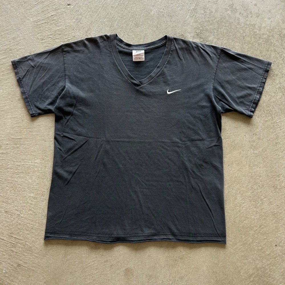 Vintage 90s Nike Shirt Size Large Faded Black V Neck Embroidered Swoosh USA Made